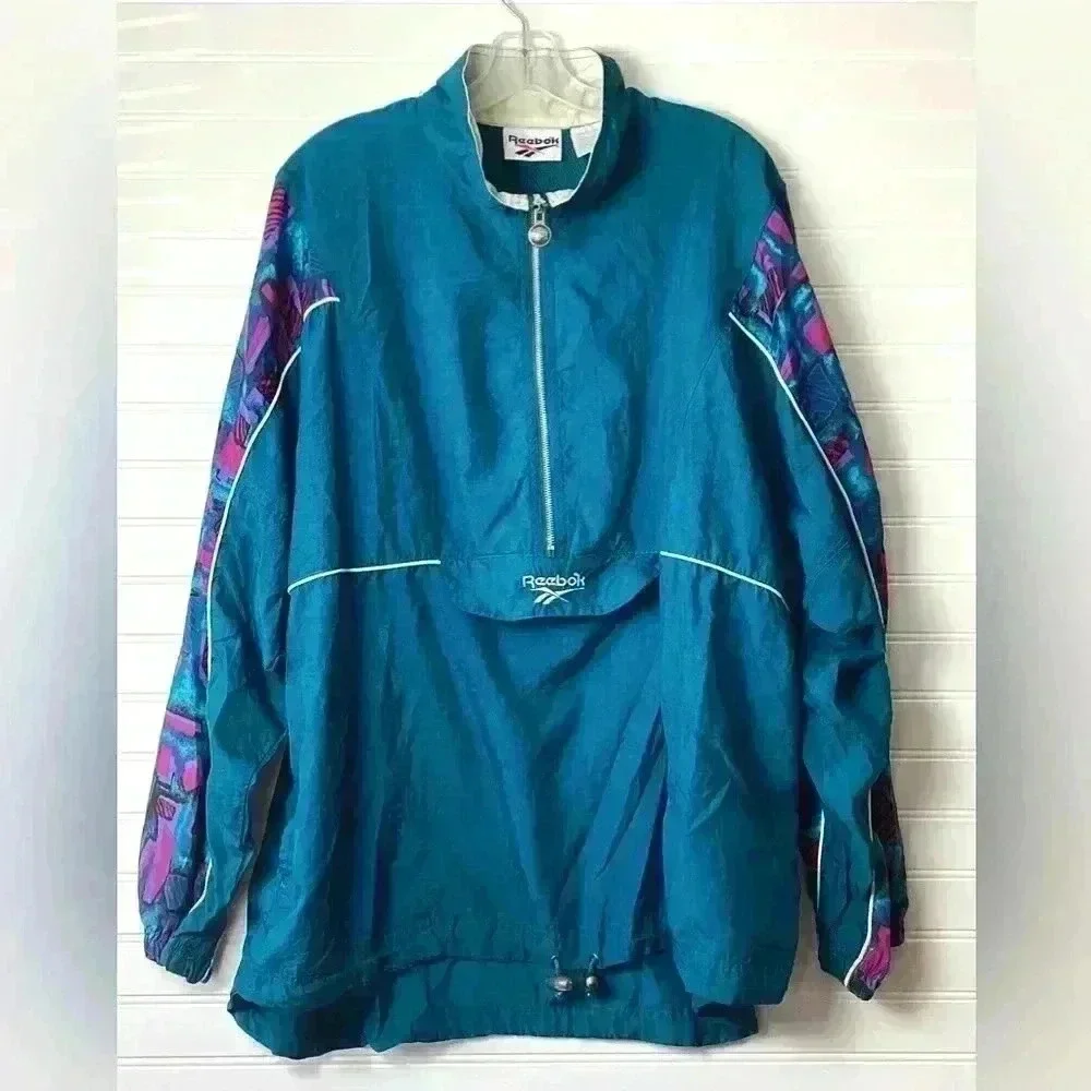 Vintage Reebok Mens XL Pullover Windbreaker Jacket 1/4 Zip-Up Teal Purple
